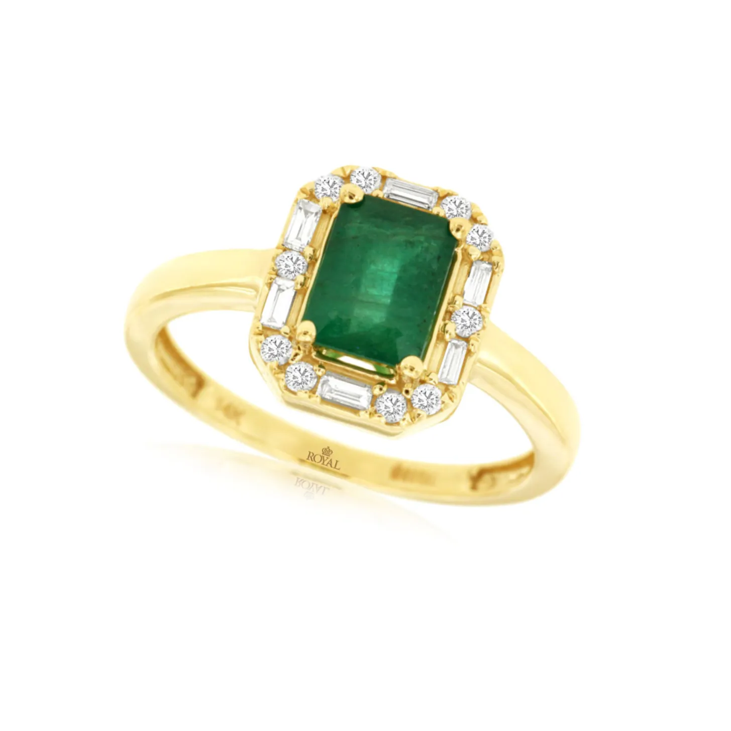 Emerald and Baguette and Round Diamond Halo Ring