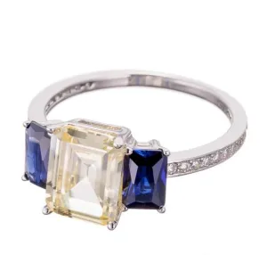 Emerald Cut Imitation Canary Diamond and  Blue Sapphire Cubic Zirconia Engagement Ring