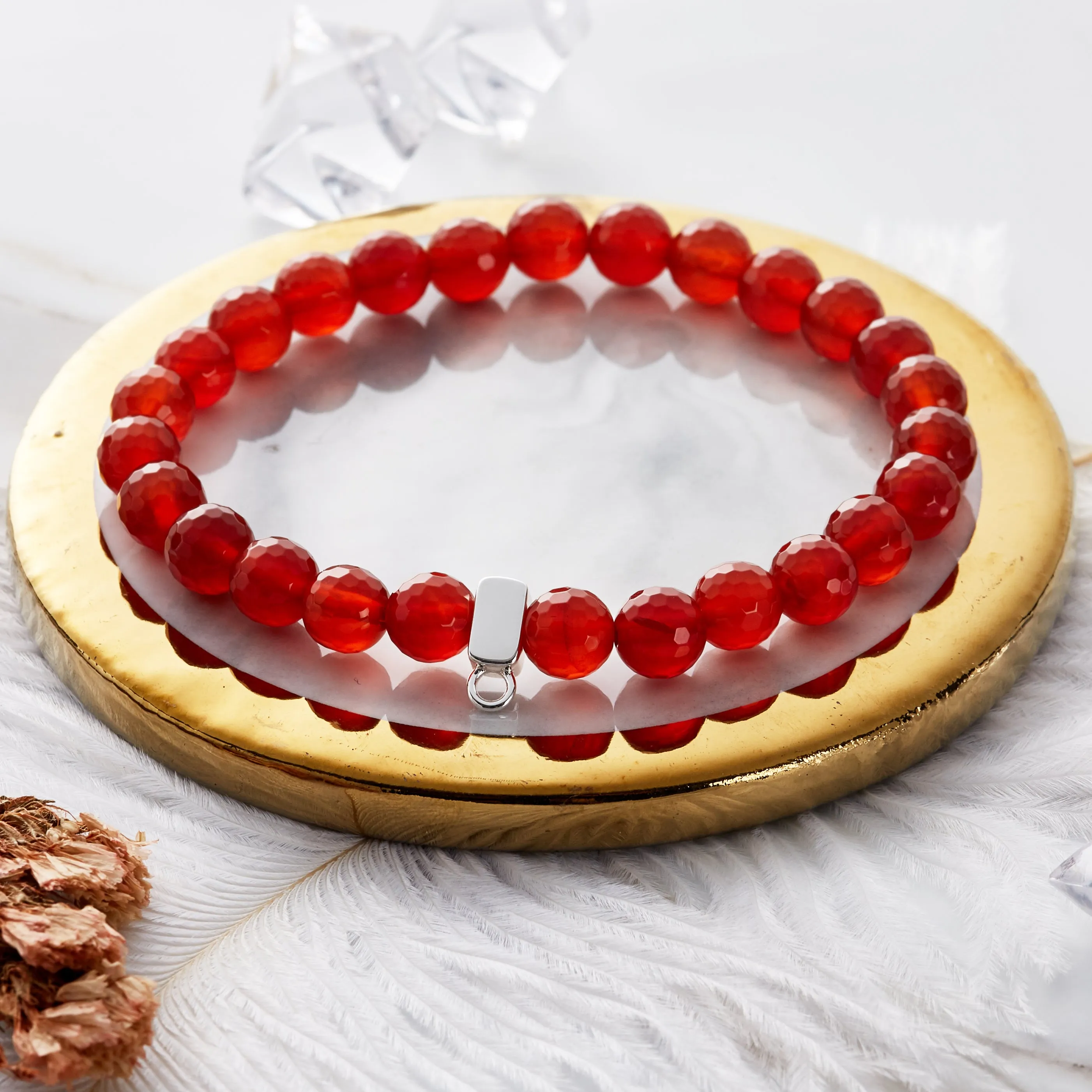 Faceted Carnelian Gemstone Charm Stretch Bracelet