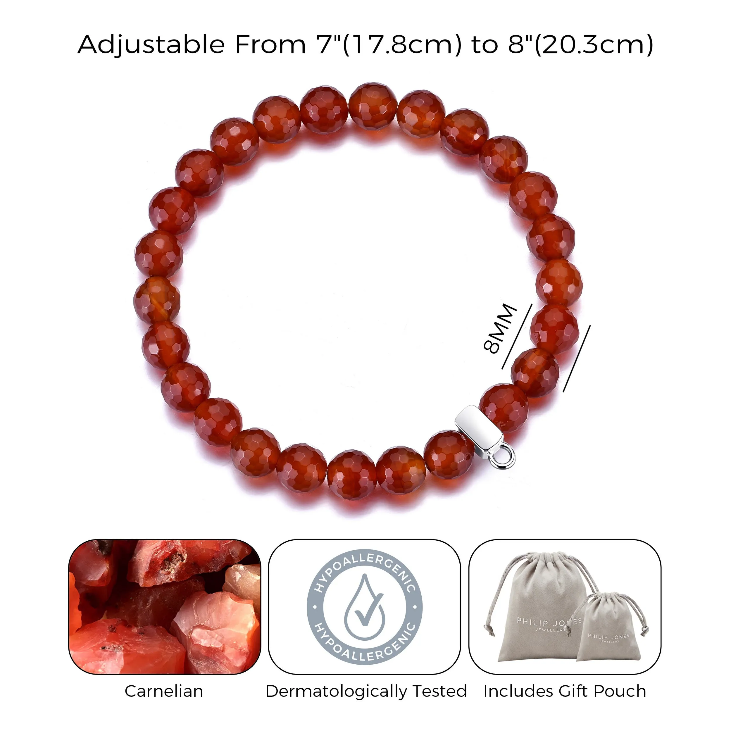 Faceted Carnelian Gemstone Charm Stretch Bracelet