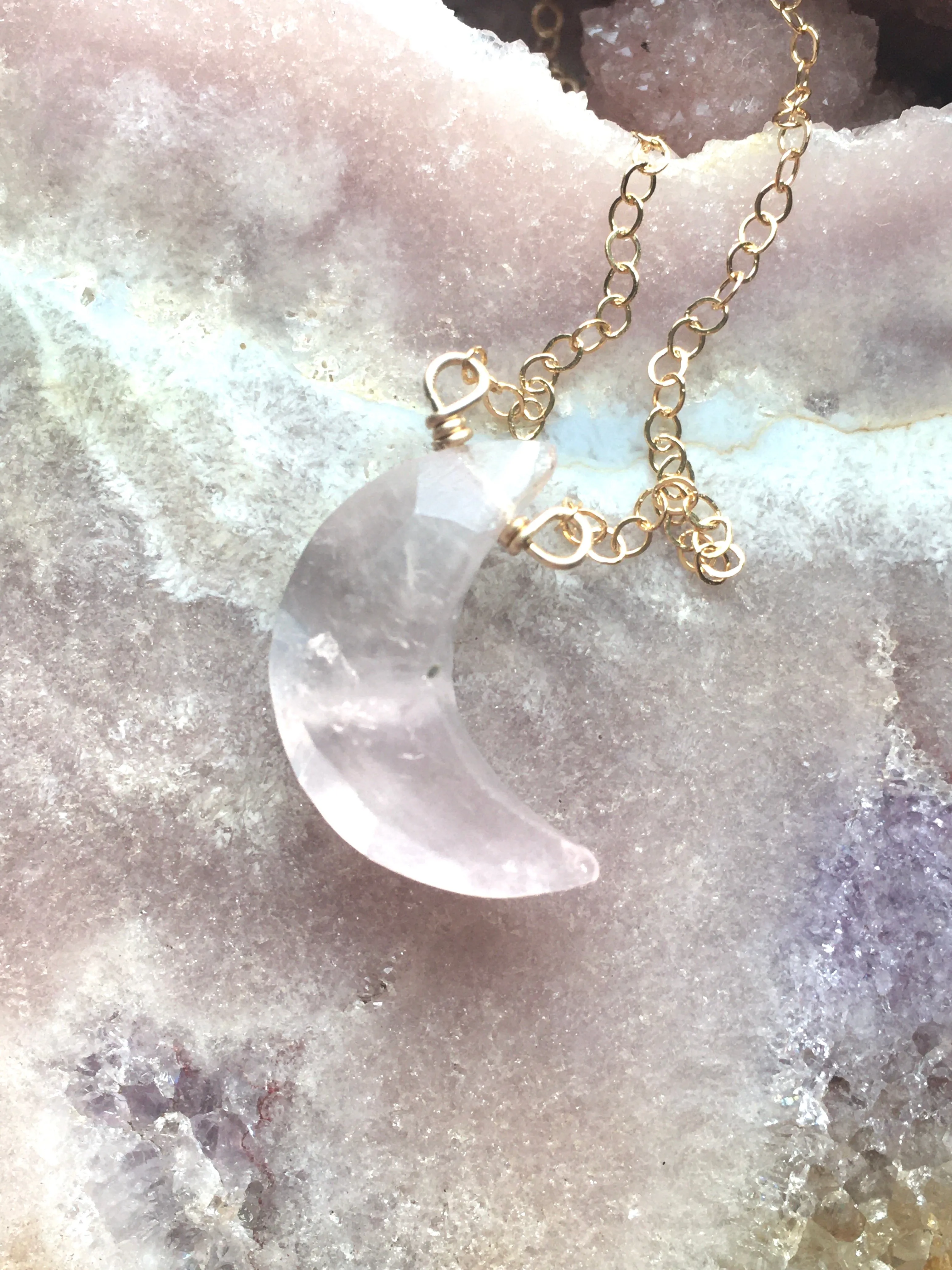 Faceted Rose Quartz Moon Crystal Necklace