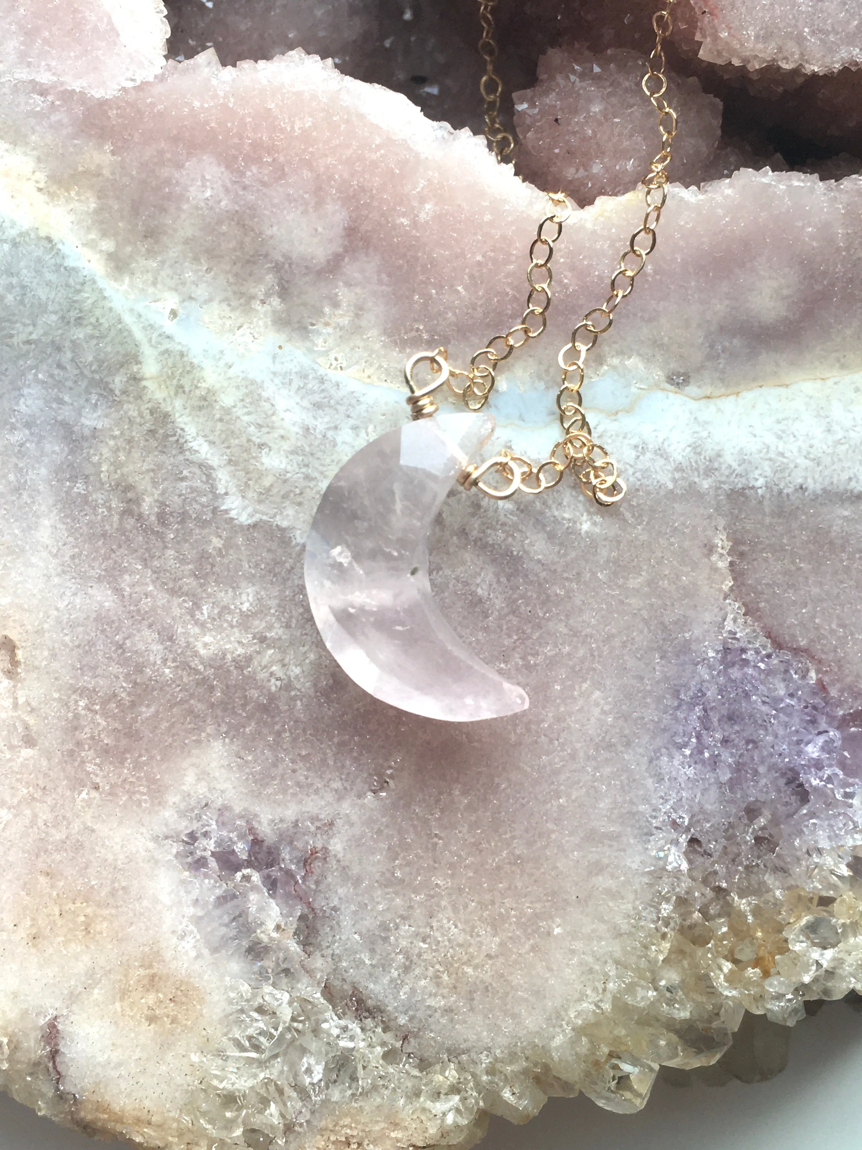 Faceted Rose Quartz Moon Crystal Necklace