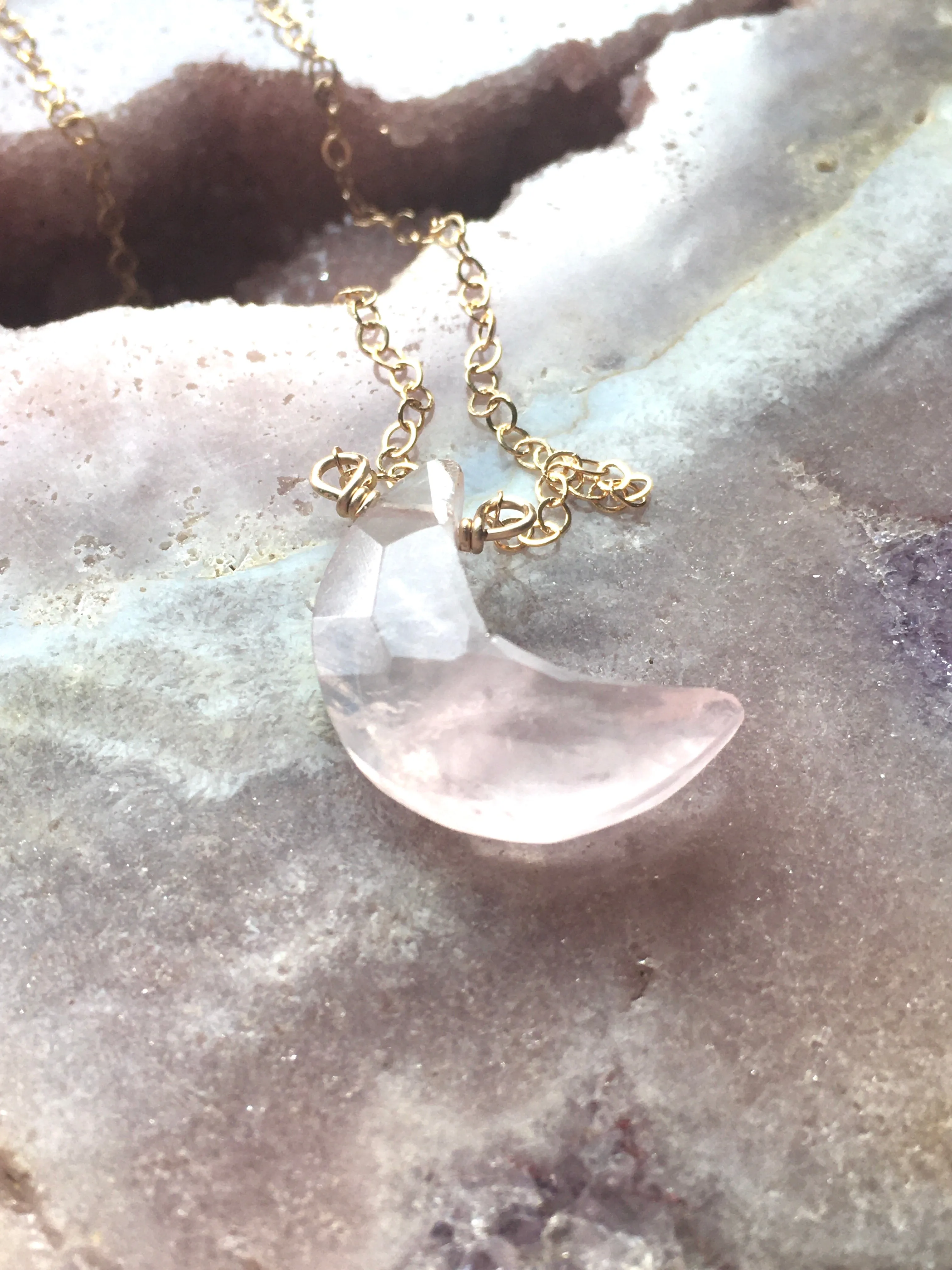 Faceted Rose Quartz Moon Crystal Necklace