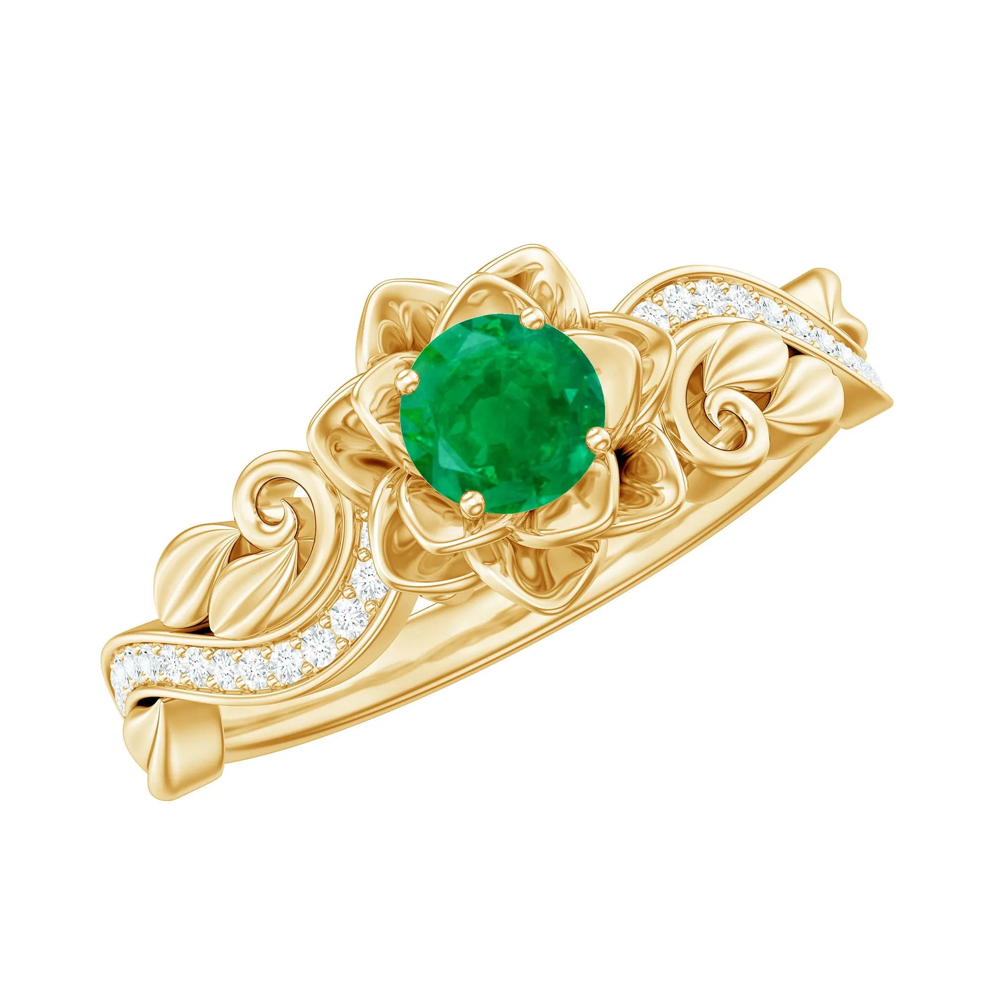 Flower Inspired Emerald and Diamond Engagement Ring in Gold