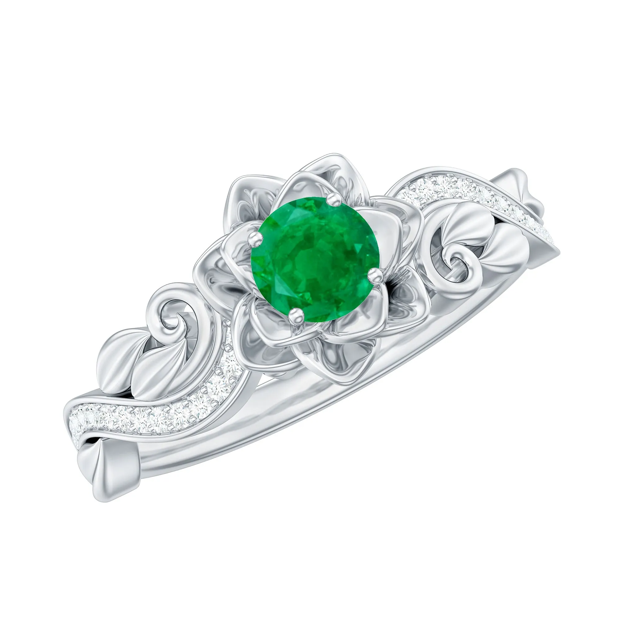 Flower Inspired Emerald and Diamond Engagement Ring in Gold