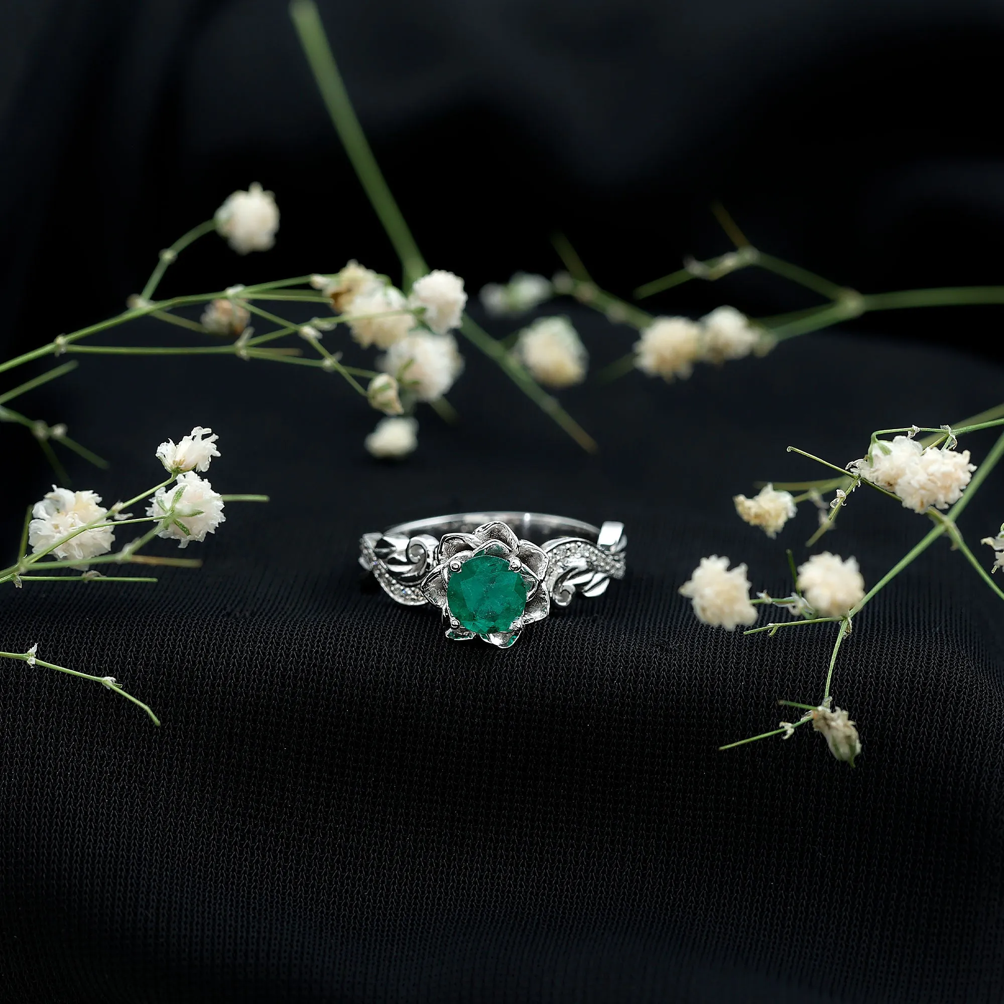 Flower Inspired Emerald and Diamond Engagement Ring in Gold