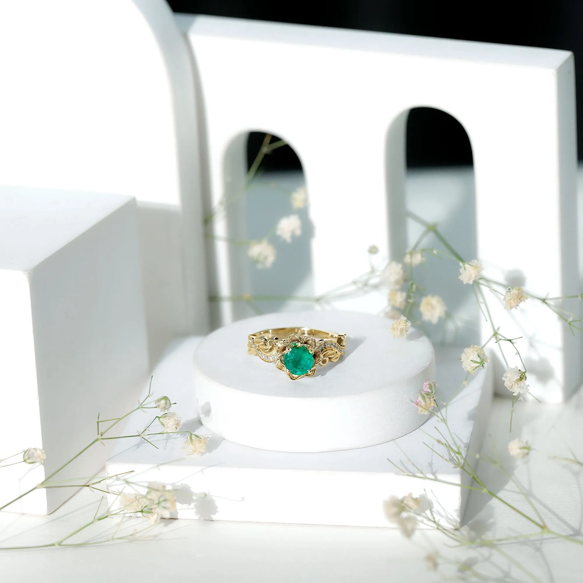 Flower Inspired Emerald and Diamond Engagement Ring in Gold