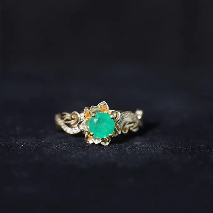 Flower Inspired Emerald and Diamond Engagement Ring in Gold