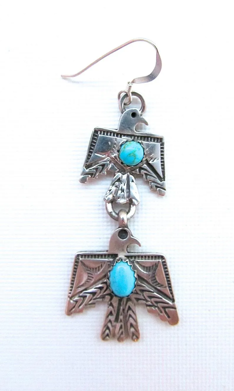 FRED HARVEY Era Style Silver & Turquoise Thunderbird Earrings