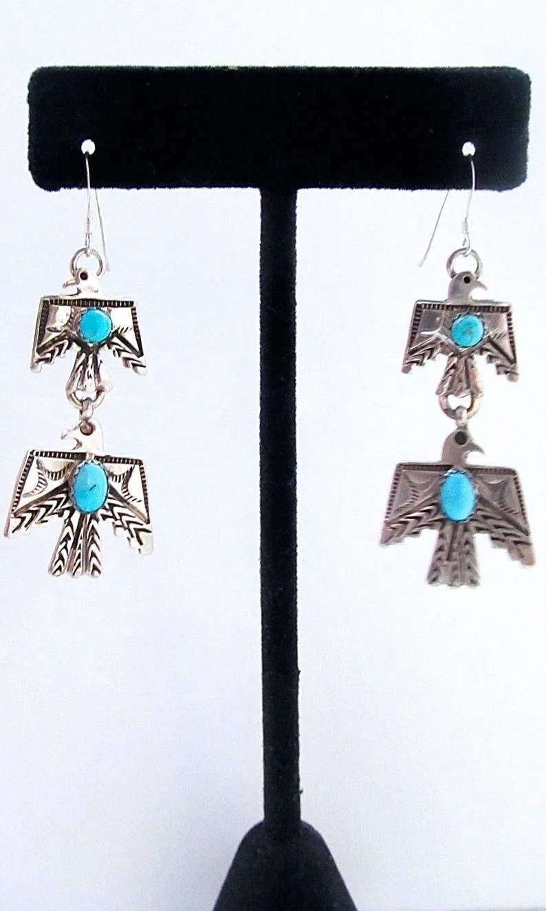 FRED HARVEY Era Style Silver & Turquoise Thunderbird Earrings