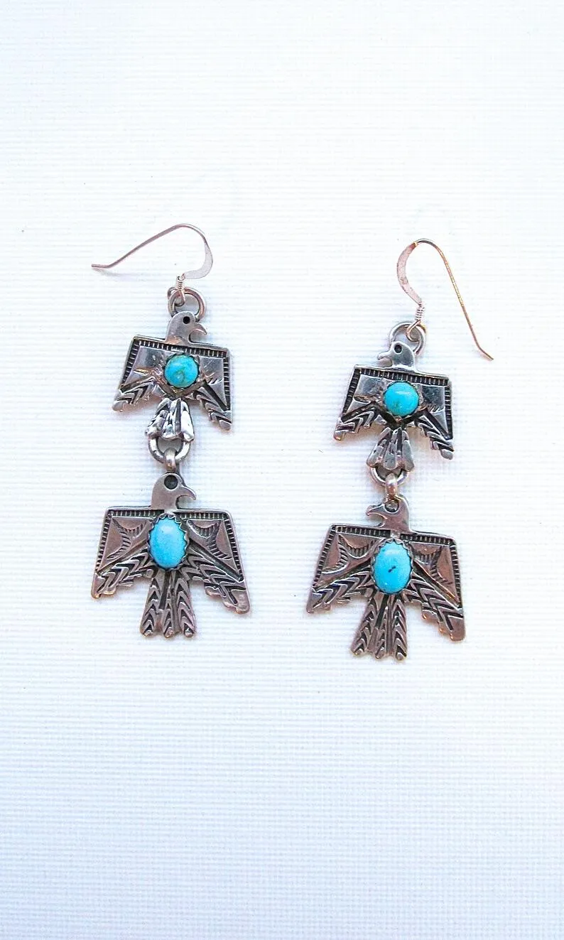 FRED HARVEY Era Style Silver & Turquoise Thunderbird Earrings