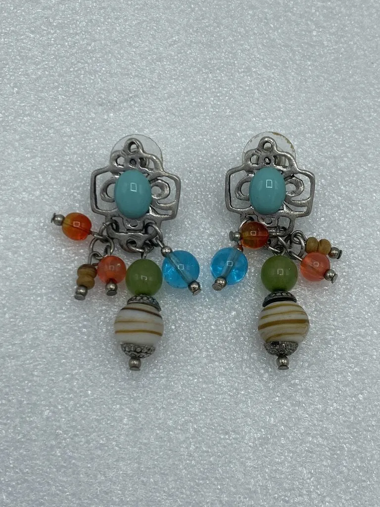 Fun Set of Colorful Bead & Silver Dangle Pierced Earrings /r