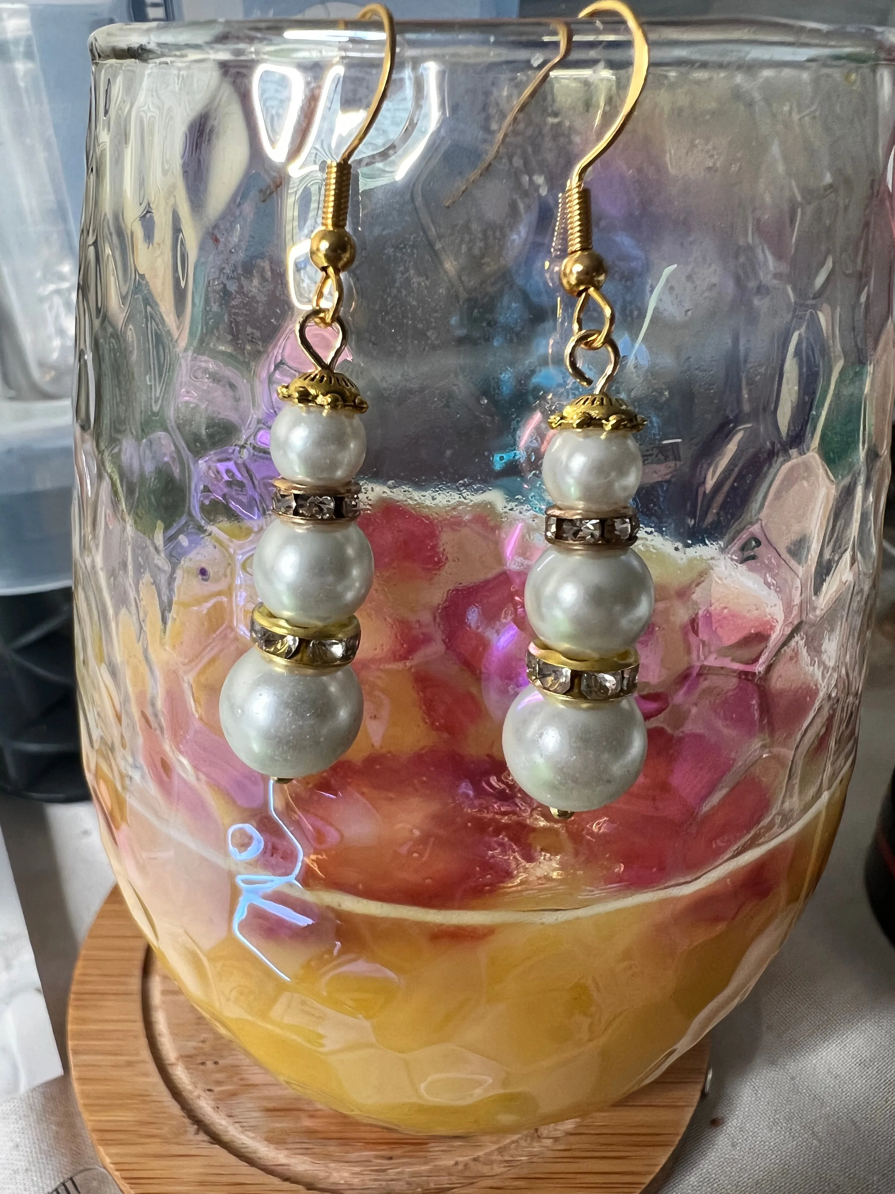 Gold Bling and White Pearl Stacked Earrings