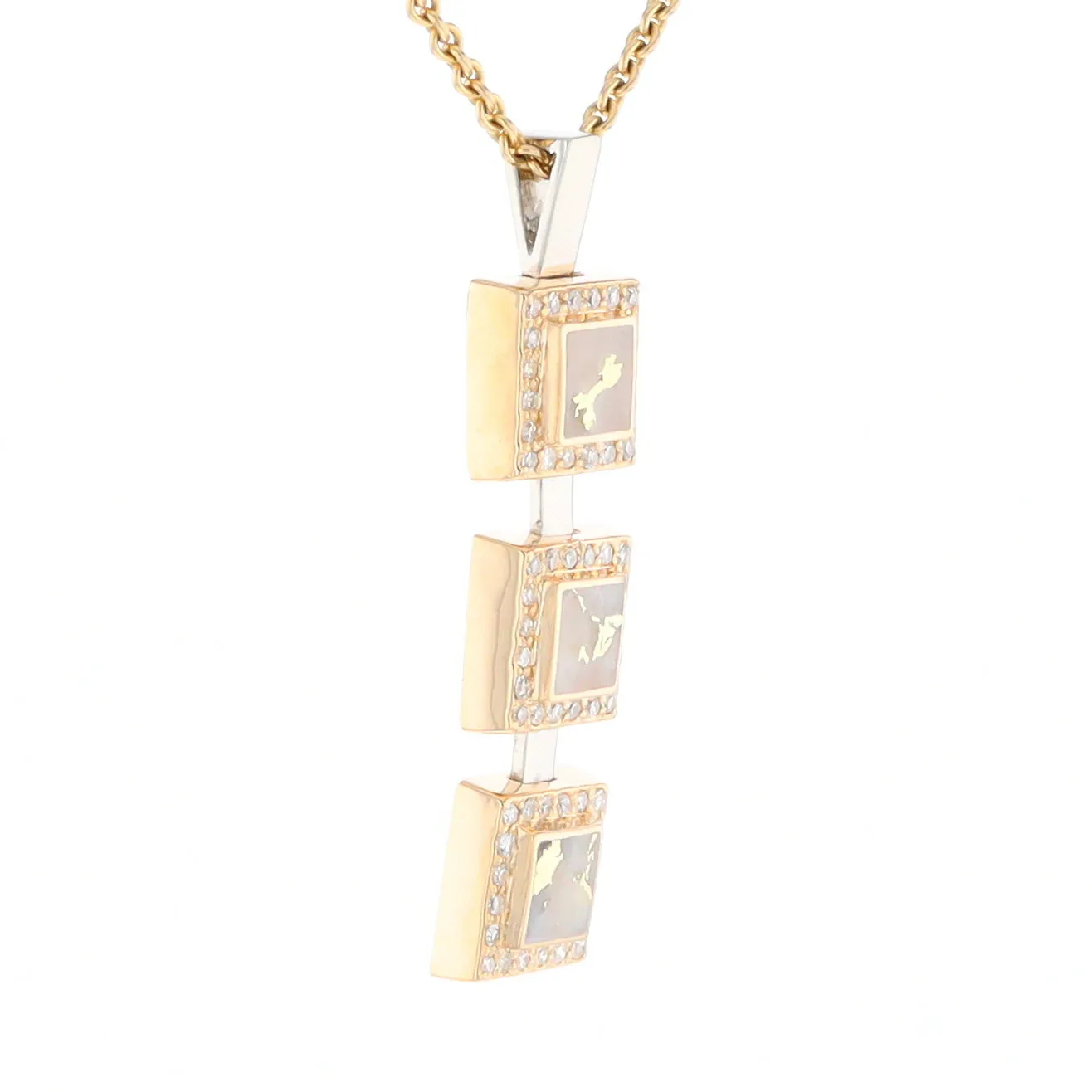 Gold Quartz Necklace, 3 Squared Inlaid Design, .42ctw Diamond Halo Drop Pendant