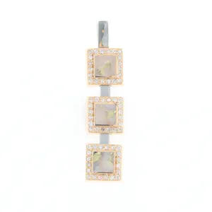 Gold Quartz Necklace, 3 Squared Inlaid Design, .42ctw Diamond Halo Drop Pendant