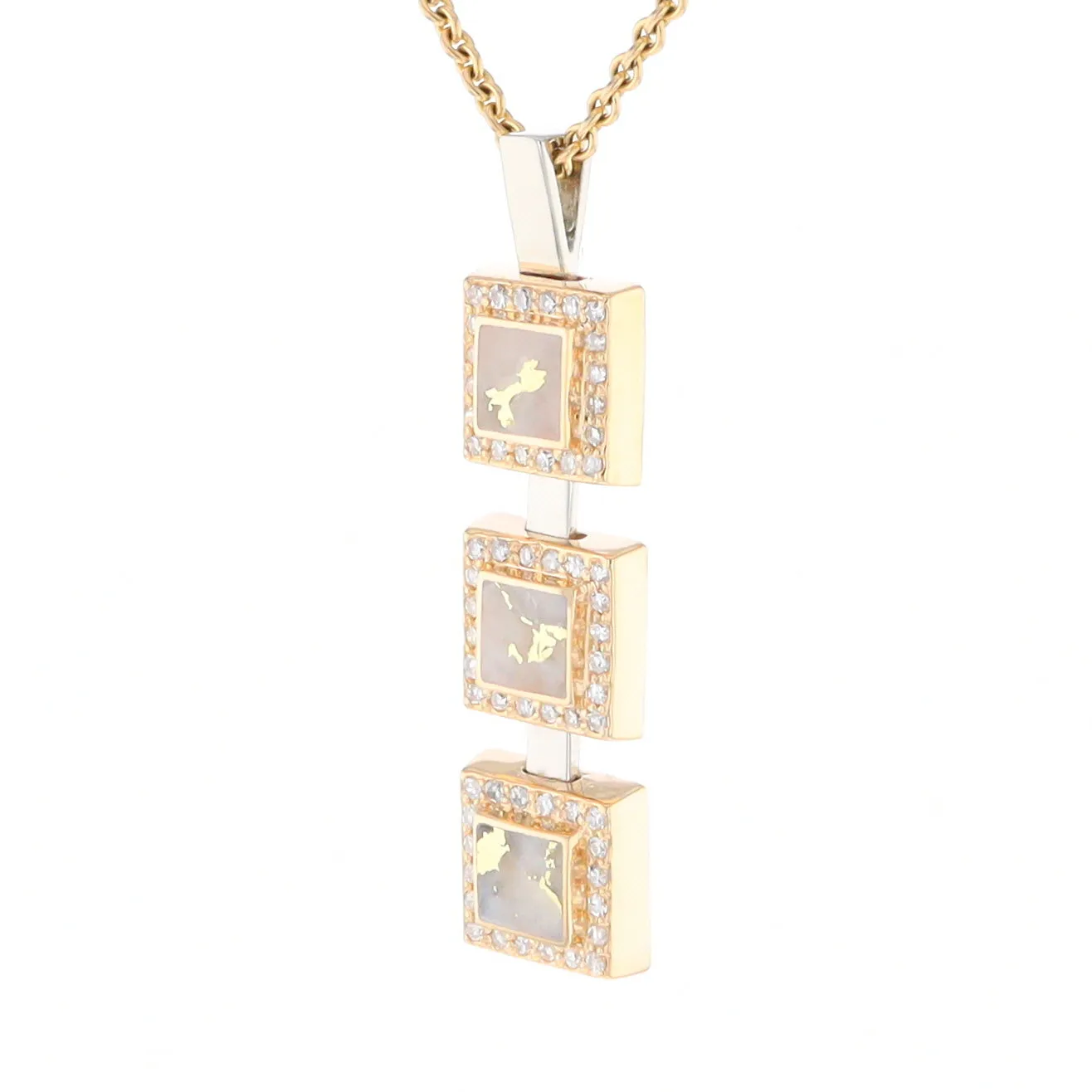 Gold Quartz Necklace, 3 Squared Inlaid Design, .42ctw Diamond Halo Drop Pendant