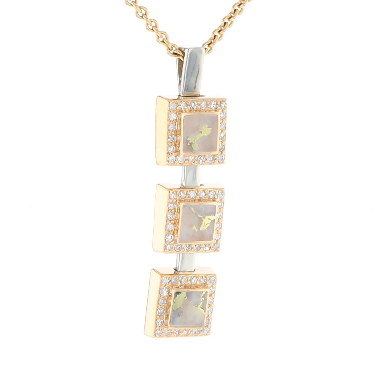 Gold Quartz Necklace, 3 Squared Inlaid Design, .42ctw Diamond Halo Drop Pendant