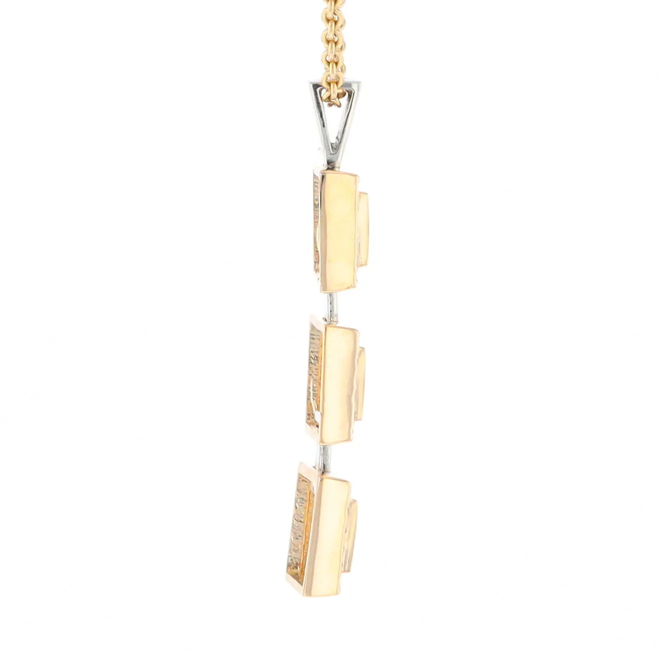 Gold Quartz Necklace, 3 Squared Inlaid Design, .42ctw Diamond Halo Drop Pendant