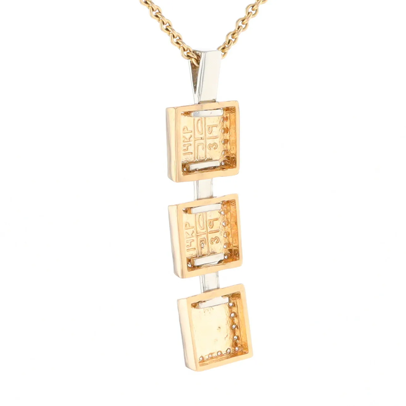 Gold Quartz Necklace, 3 Squared Inlaid Design, .42ctw Diamond Halo Drop Pendant