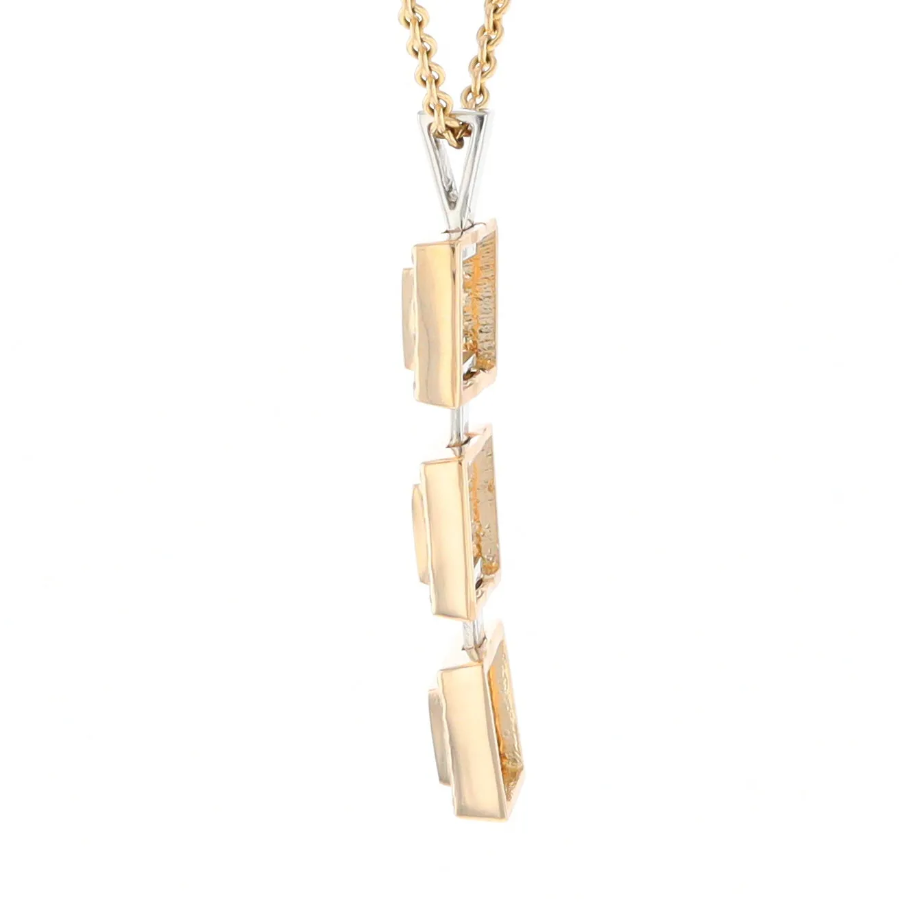 Gold Quartz Necklace, 3 Squared Inlaid Design, .42ctw Diamond Halo Drop Pendant