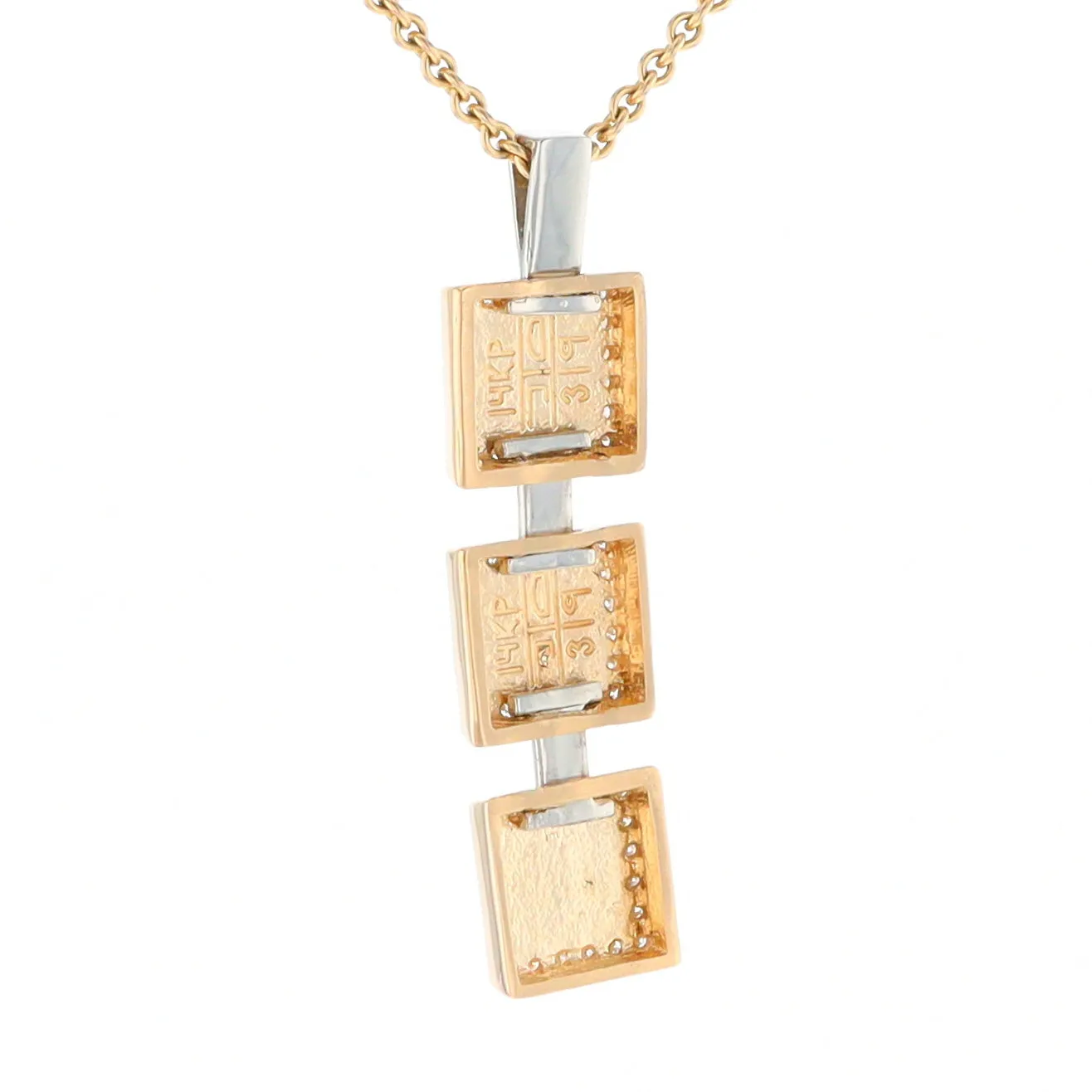 Gold Quartz Necklace, 3 Squared Inlaid Design, .42ctw Diamond Halo Drop Pendant