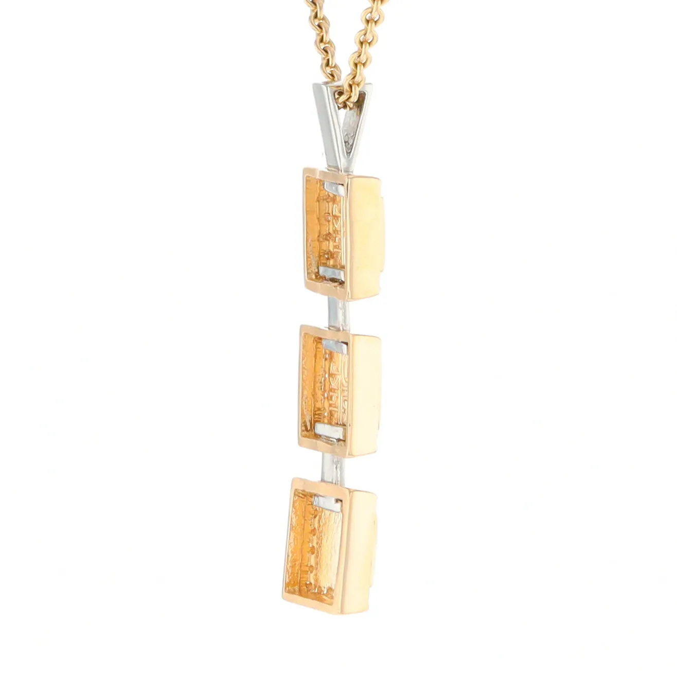 Gold Quartz Necklace, 3 Squared Inlaid Design, .42ctw Diamond Halo Drop Pendant