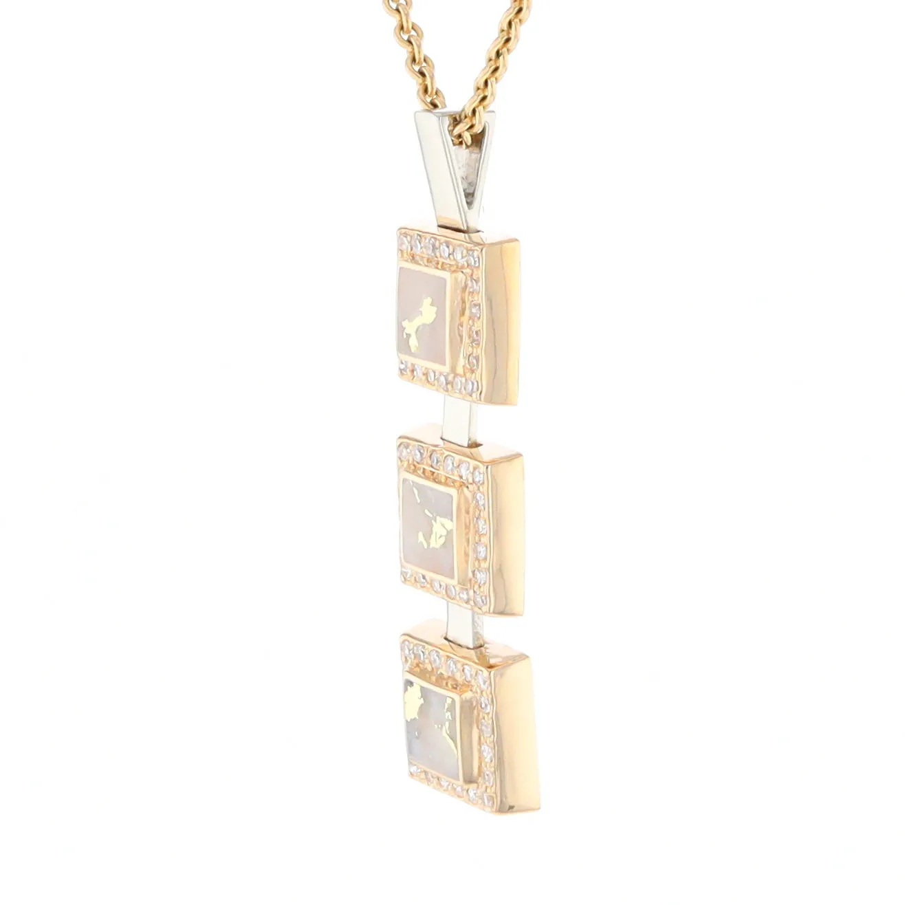 Gold Quartz Necklace, 3 Squared Inlaid Design, .42ctw Diamond Halo Drop Pendant