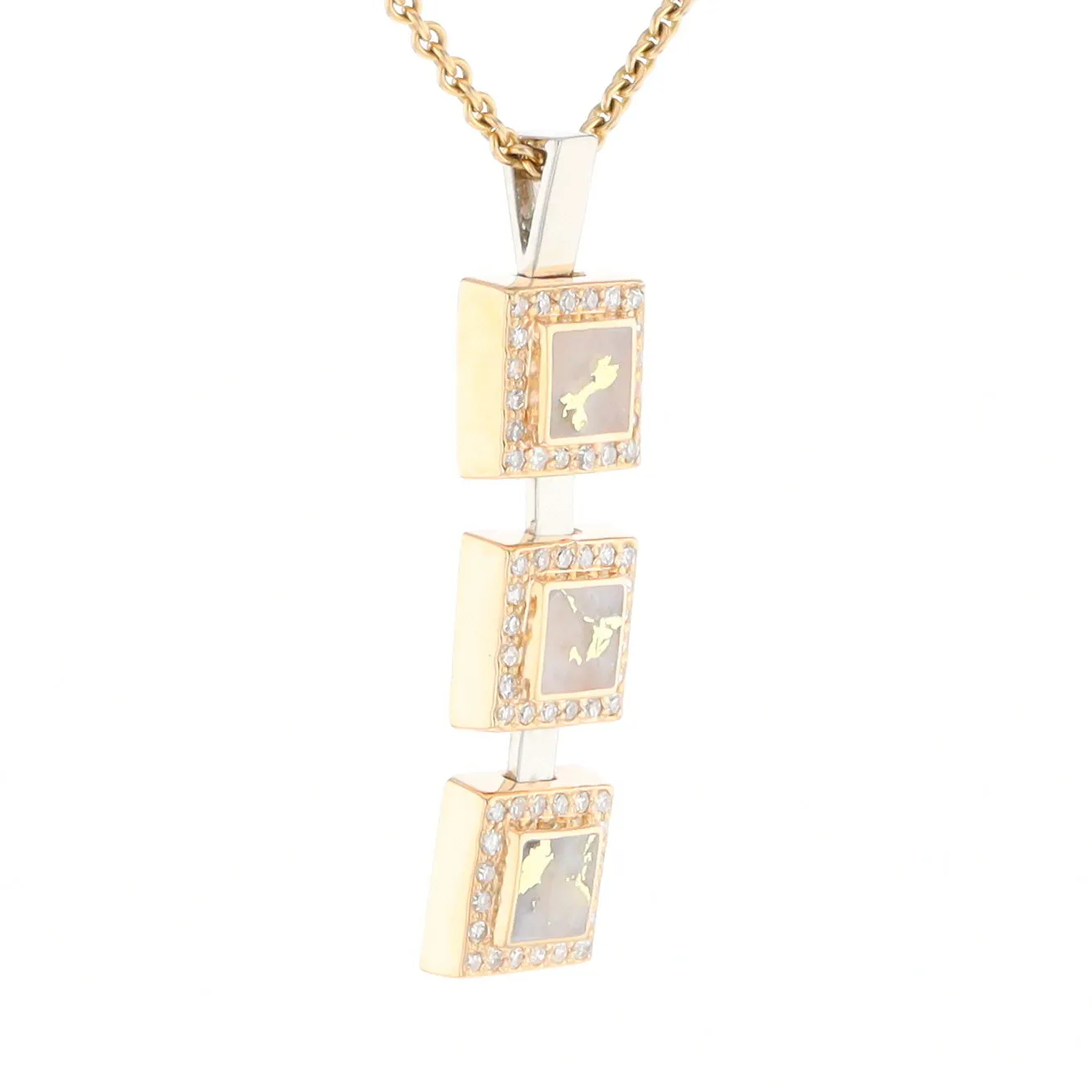 Gold Quartz Necklace, 3 Squared Inlaid Design, .42ctw Diamond Halo Drop Pendant