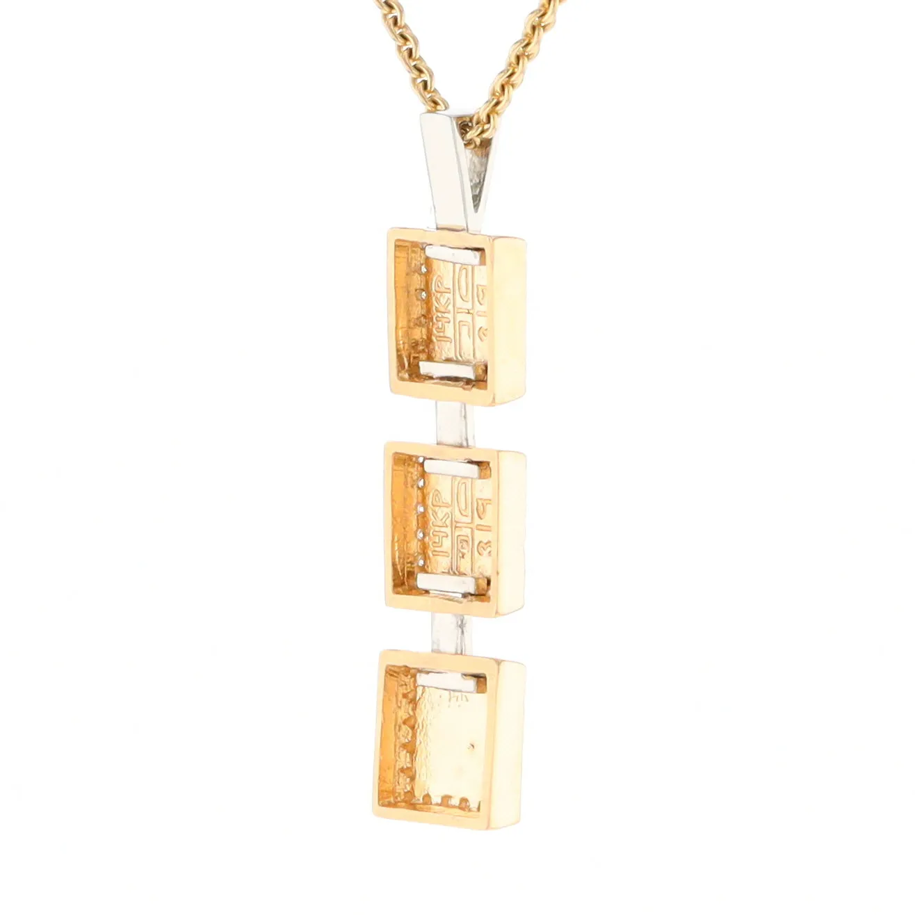 Gold Quartz Necklace, 3 Squared Inlaid Design, .42ctw Diamond Halo Drop Pendant