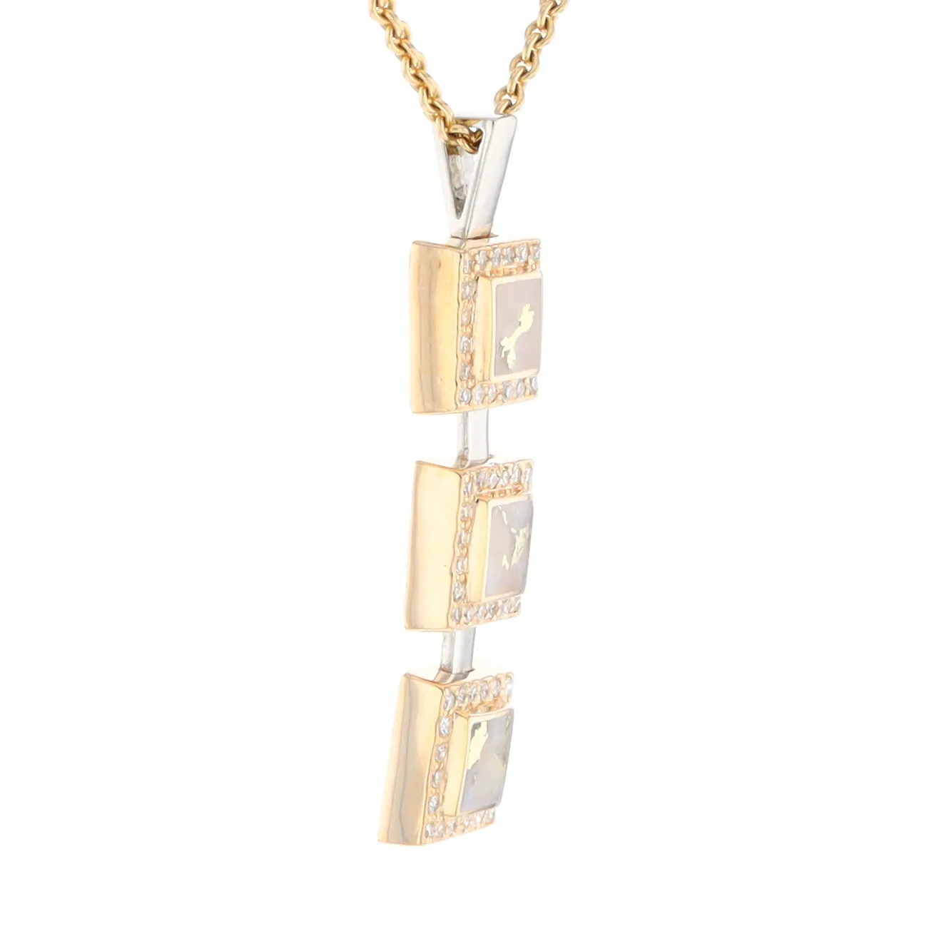 Gold Quartz Necklace, 3 Squared Inlaid Design, .42ctw Diamond Halo Drop Pendant