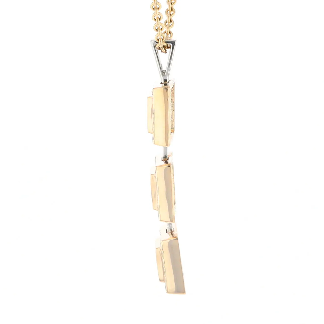 Gold Quartz Necklace, 3 Squared Inlaid Design, .42ctw Diamond Halo Drop Pendant