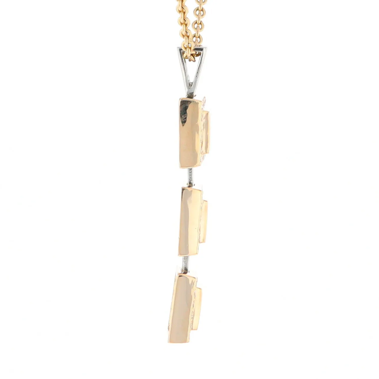 Gold Quartz Necklace, 3 Squared Inlaid Design, .42ctw Diamond Halo Drop Pendant