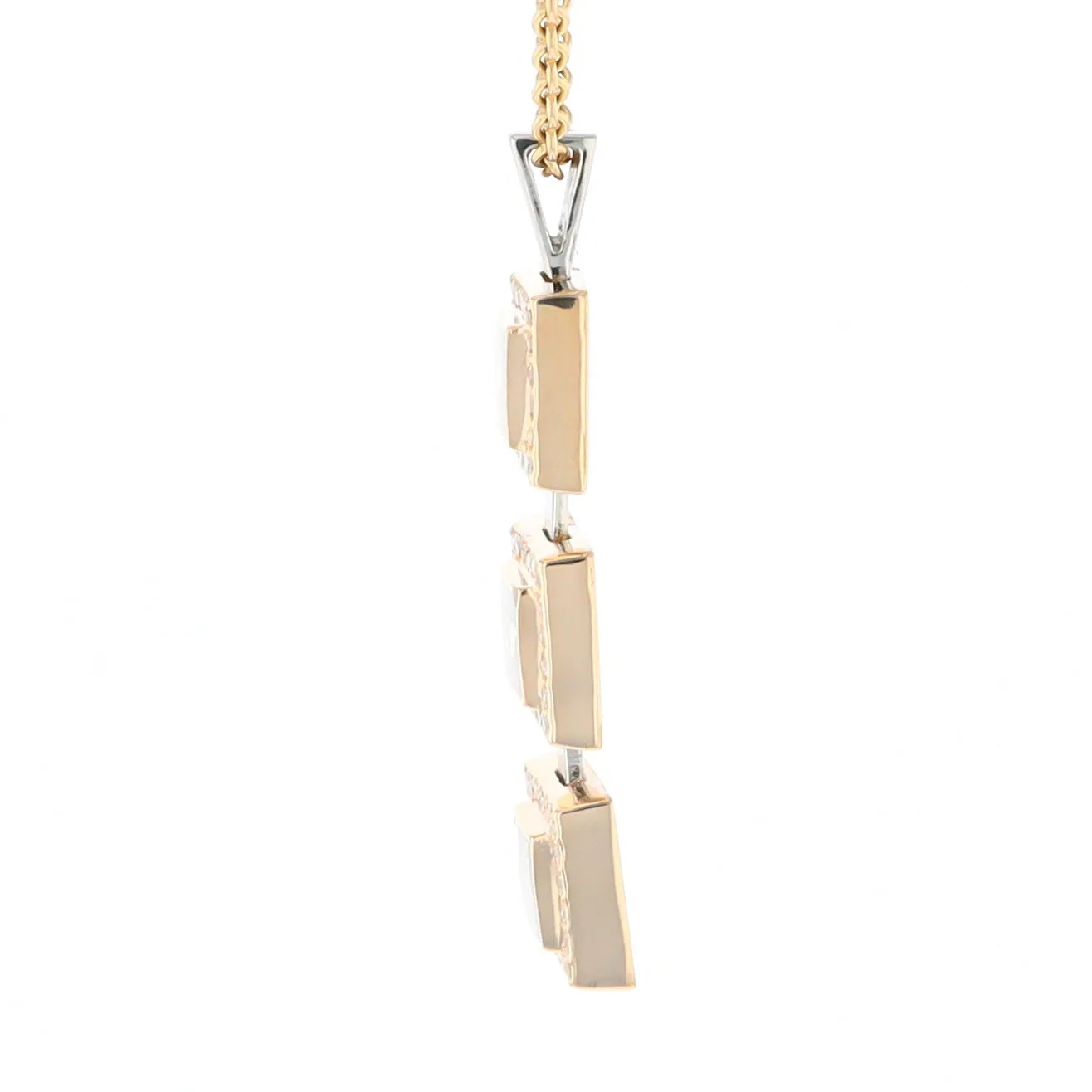 Gold Quartz Necklace, 3 Squared Inlaid Design, .42ctw Diamond Halo Drop Pendant