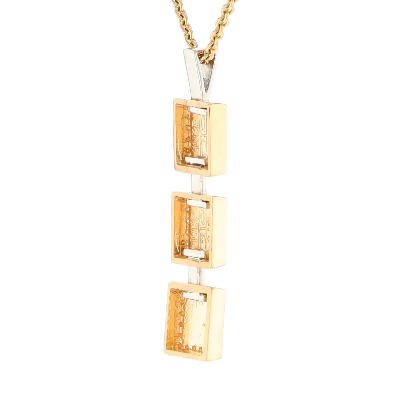 Gold Quartz Necklace, 3 Squared Inlaid Design, .42ctw Diamond Halo Drop Pendant