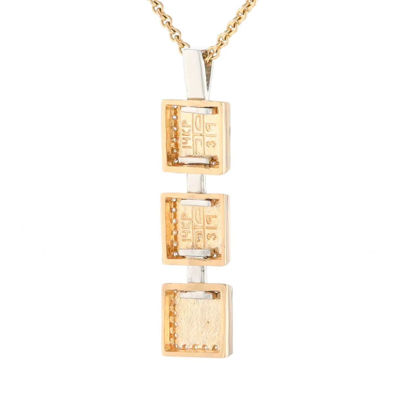 Gold Quartz Necklace, 3 Squared Inlaid Design, .42ctw Diamond Halo Drop Pendant