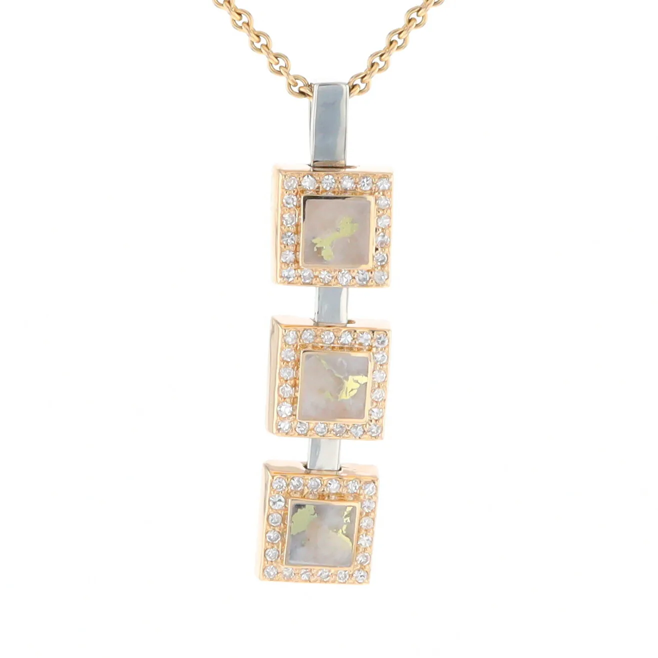 Gold Quartz Necklace, 3 Squared Inlaid Design, .42ctw Diamond Halo Drop Pendant