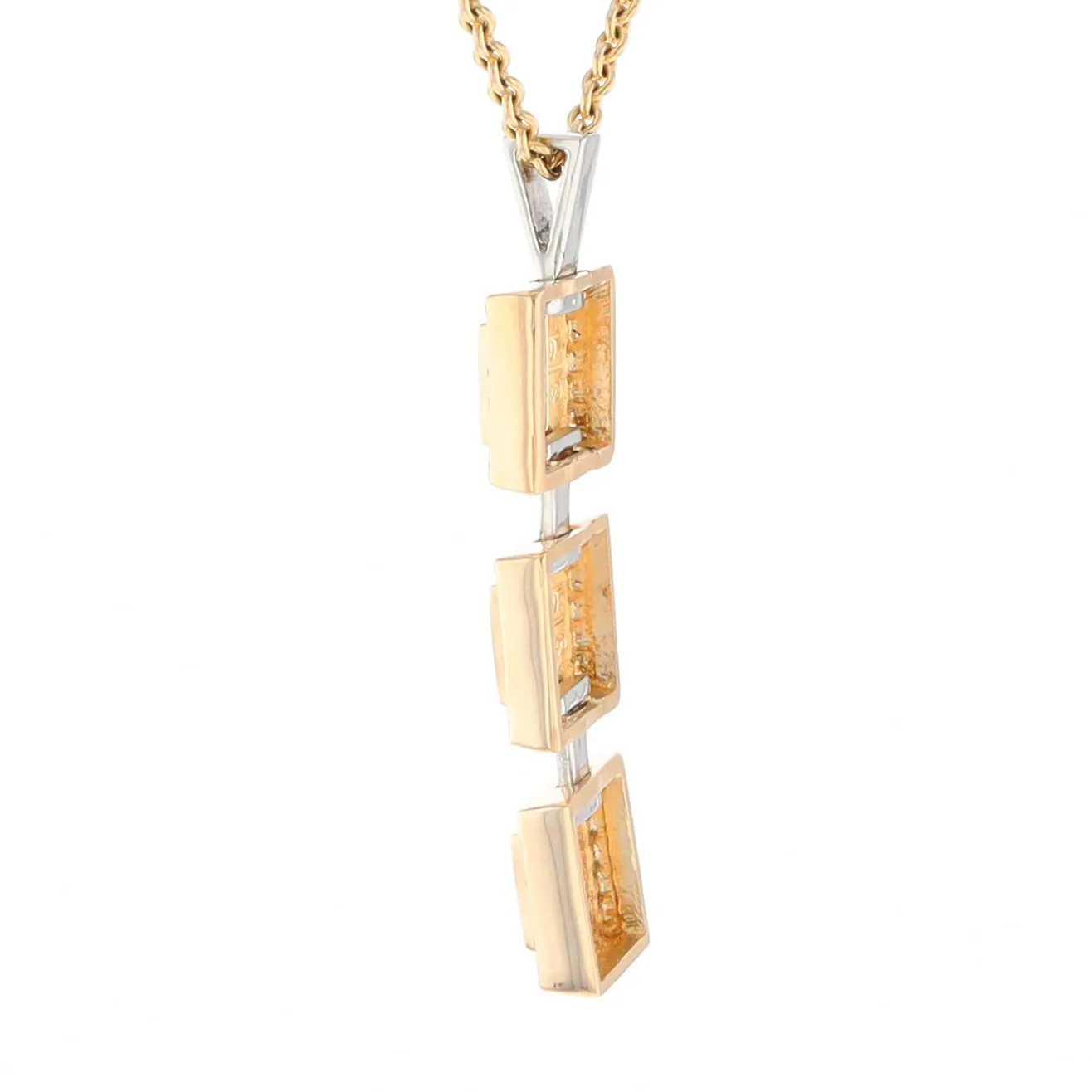 Gold Quartz Necklace, 3 Squared Inlaid Design, .42ctw Diamond Halo Drop Pendant