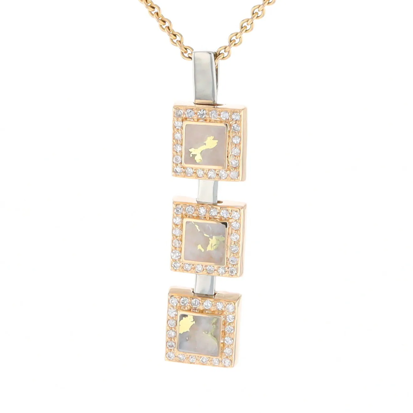 Gold Quartz Necklace, 3 Squared Inlaid Design, .42ctw Diamond Halo Drop Pendant