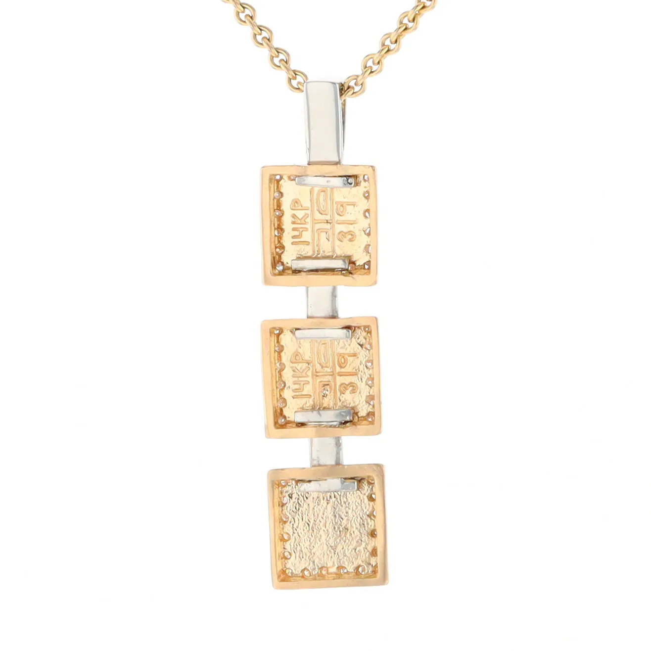 Gold Quartz Necklace, 3 Squared Inlaid Design, .42ctw Diamond Halo Drop Pendant