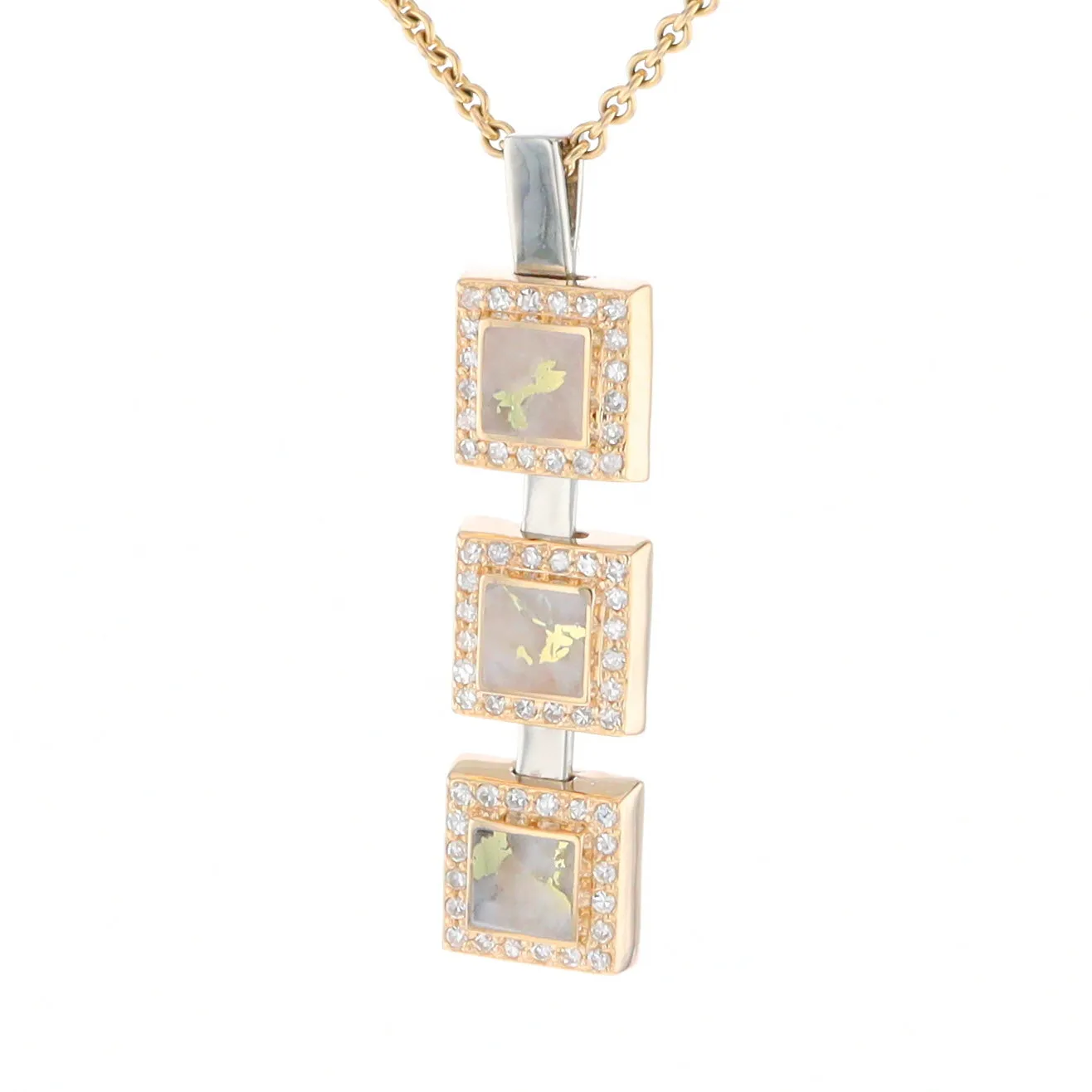 Gold Quartz Necklace, 3 Squared Inlaid Design, .42ctw Diamond Halo Drop Pendant