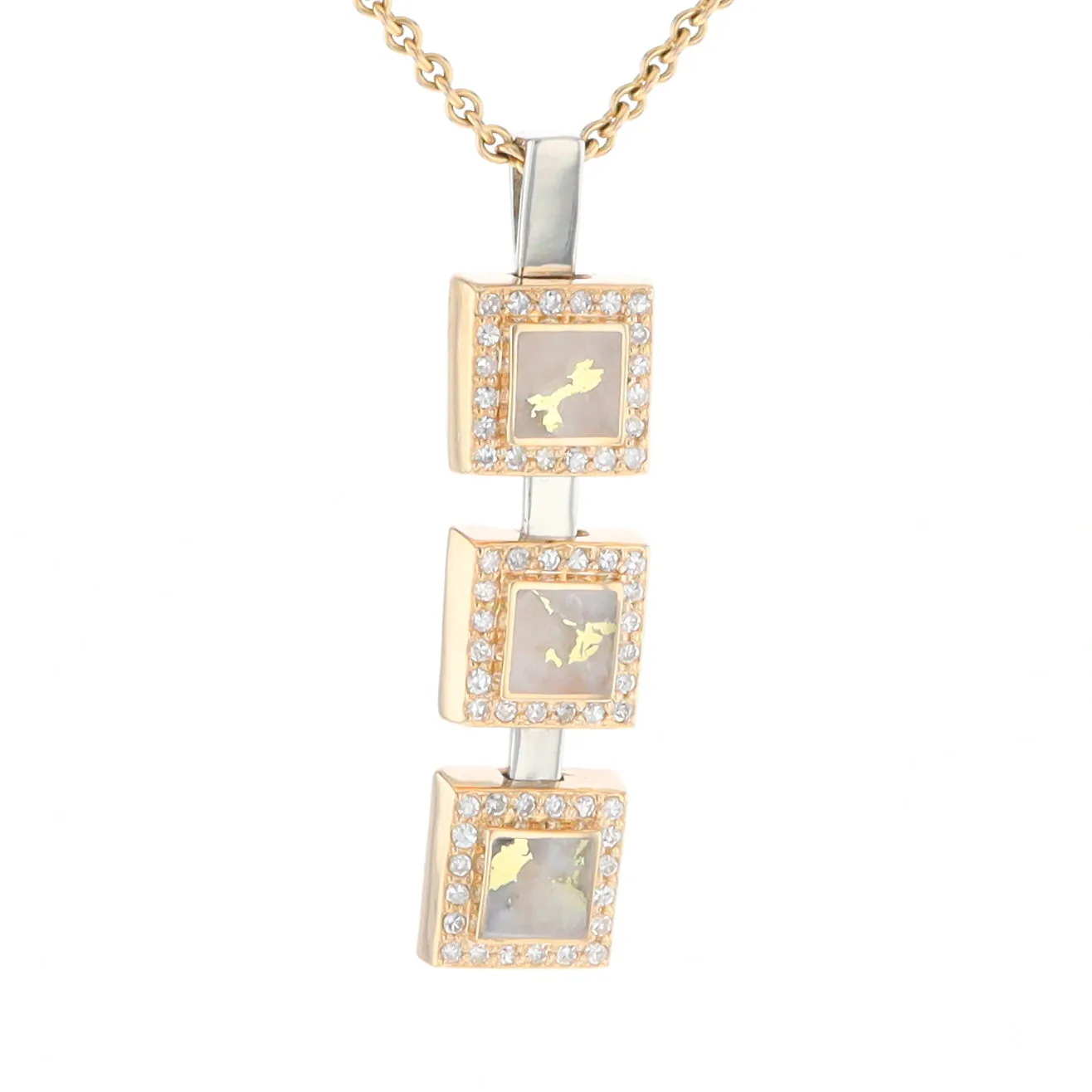 Gold Quartz Necklace, 3 Squared Inlaid Design, .42ctw Diamond Halo Drop Pendant