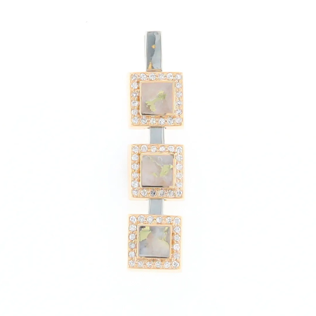 Gold Quartz Necklace, 3 Squared Inlaid Design, .42ctw Diamond Halo Drop Pendant