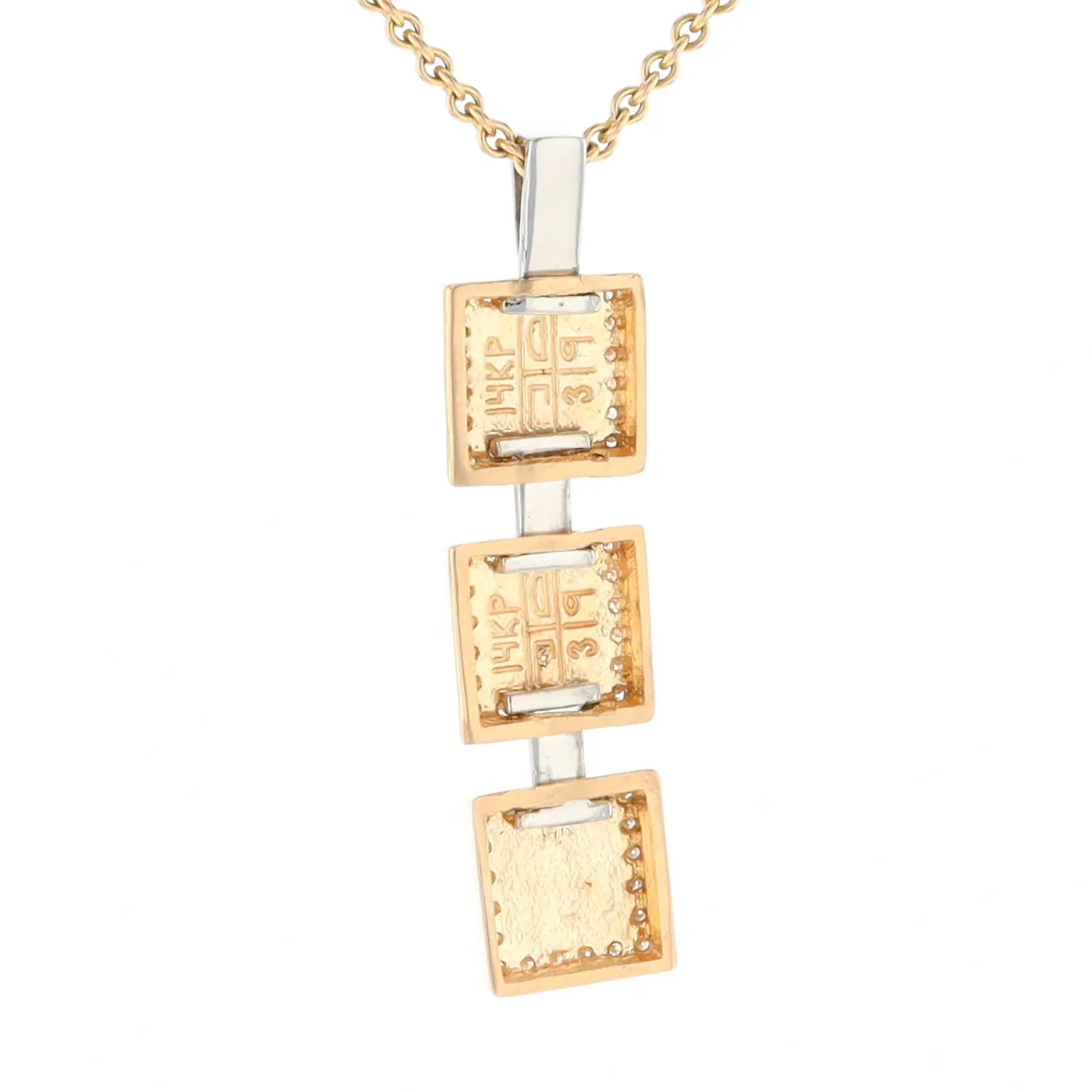 Gold Quartz Necklace, 3 Squared Inlaid Design, .42ctw Diamond Halo Drop Pendant