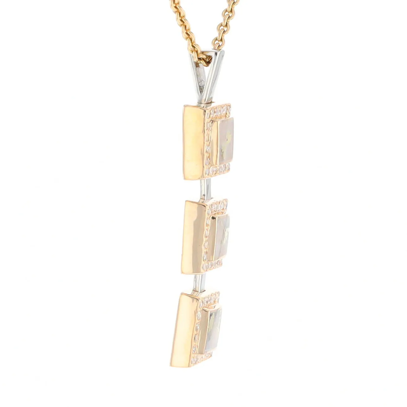 Gold Quartz Necklace, 3 Squared Inlaid Design, .42ctw Diamond Halo Drop Pendant