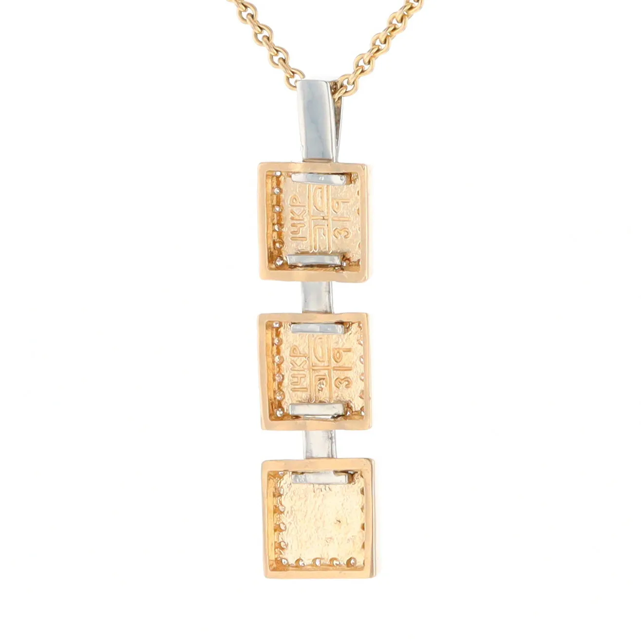 Gold Quartz Necklace, 3 Squared Inlaid Design, .42ctw Diamond Halo Drop Pendant