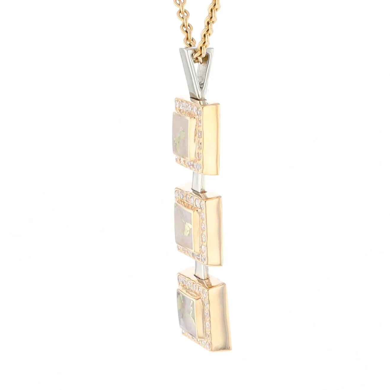 Gold Quartz Necklace, 3 Squared Inlaid Design, .42ctw Diamond Halo Drop Pendant