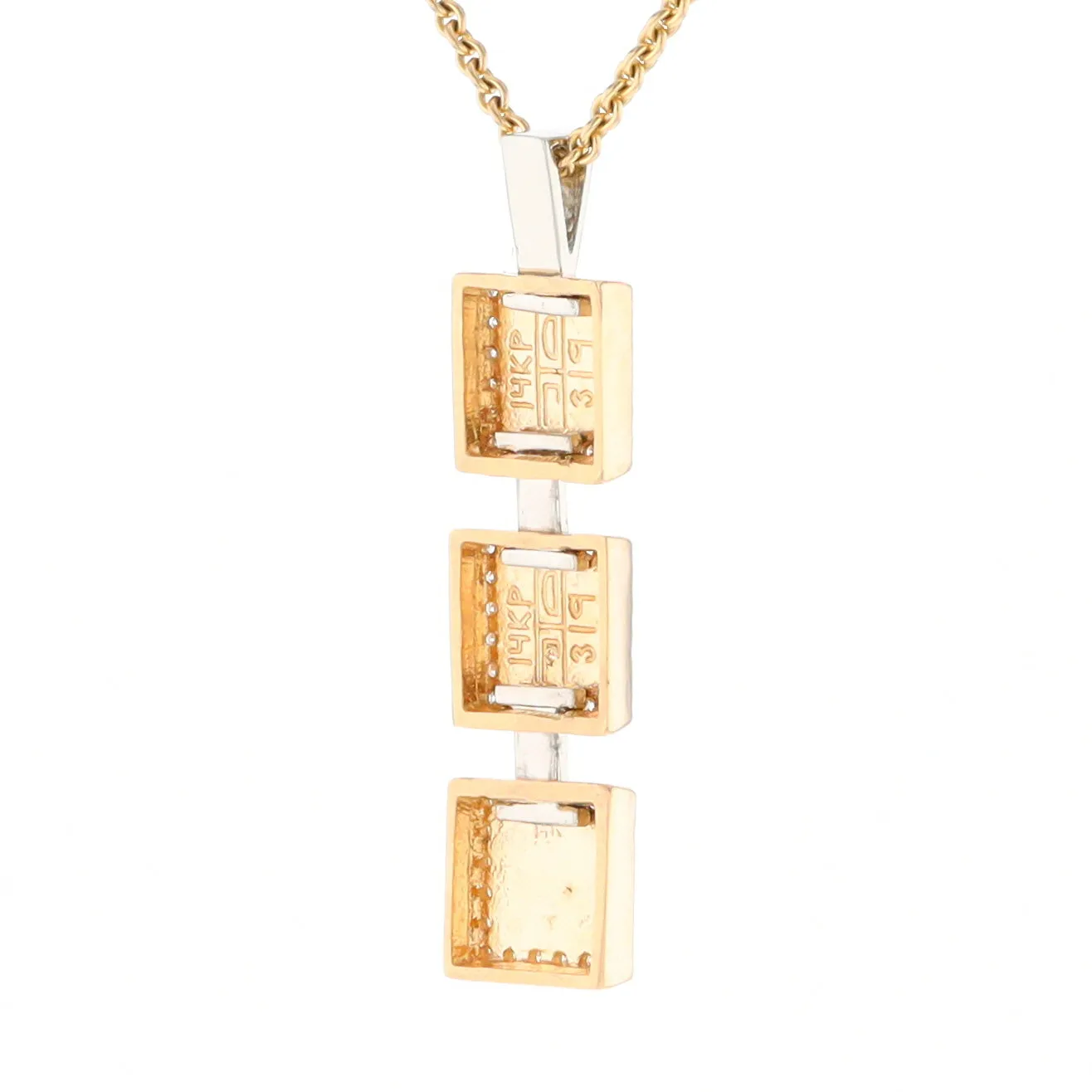 Gold Quartz Necklace, 3 Squared Inlaid Design, .42ctw Diamond Halo Drop Pendant