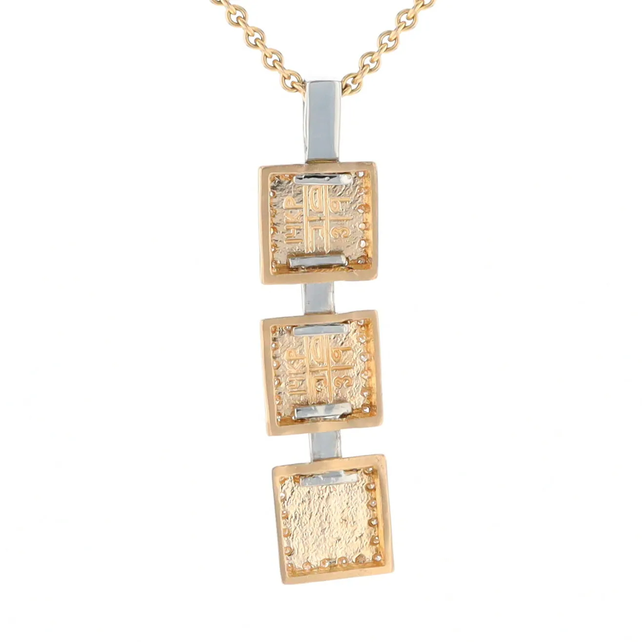 Gold Quartz Necklace, 3 Squared Inlaid Design, .42ctw Diamond Halo Drop Pendant