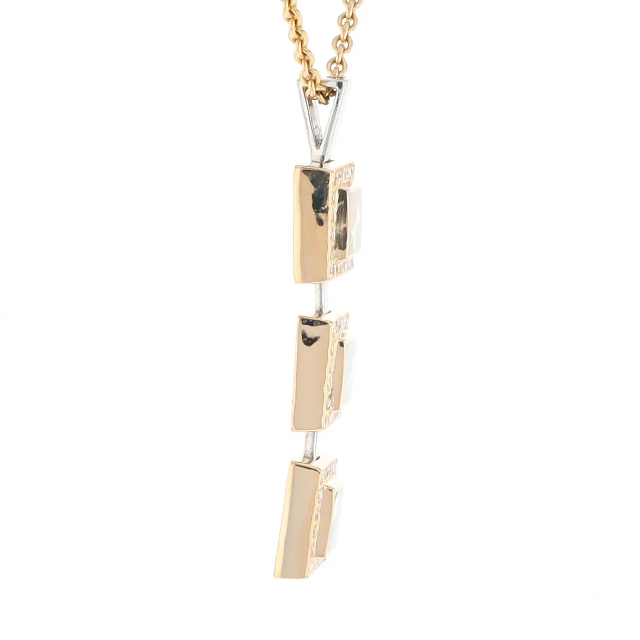 Gold Quartz Necklace, 3 Squared Inlaid Design, .42ctw Diamond Halo Drop Pendant