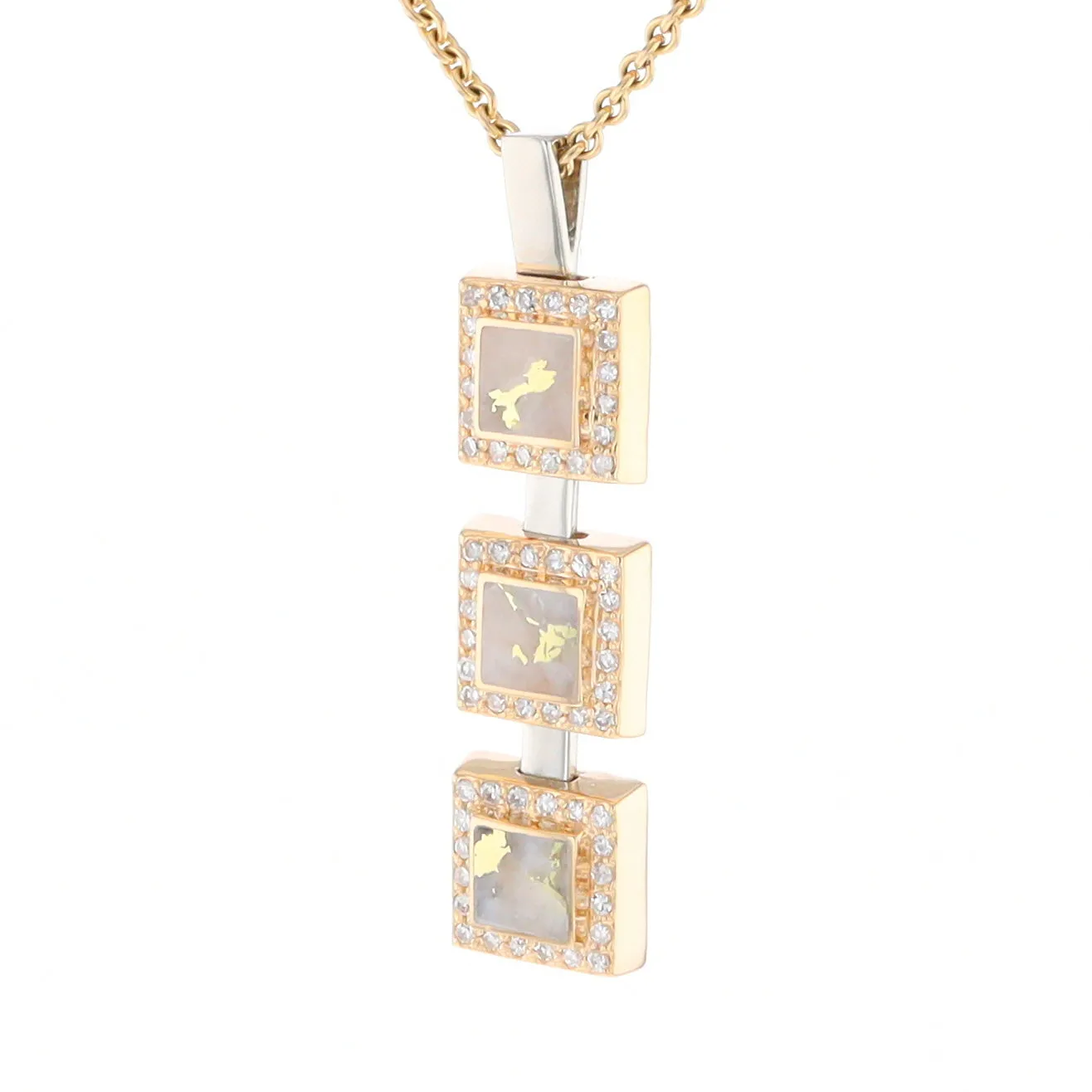 Gold Quartz Necklace, 3 Squared Inlaid Design, .42ctw Diamond Halo Drop Pendant